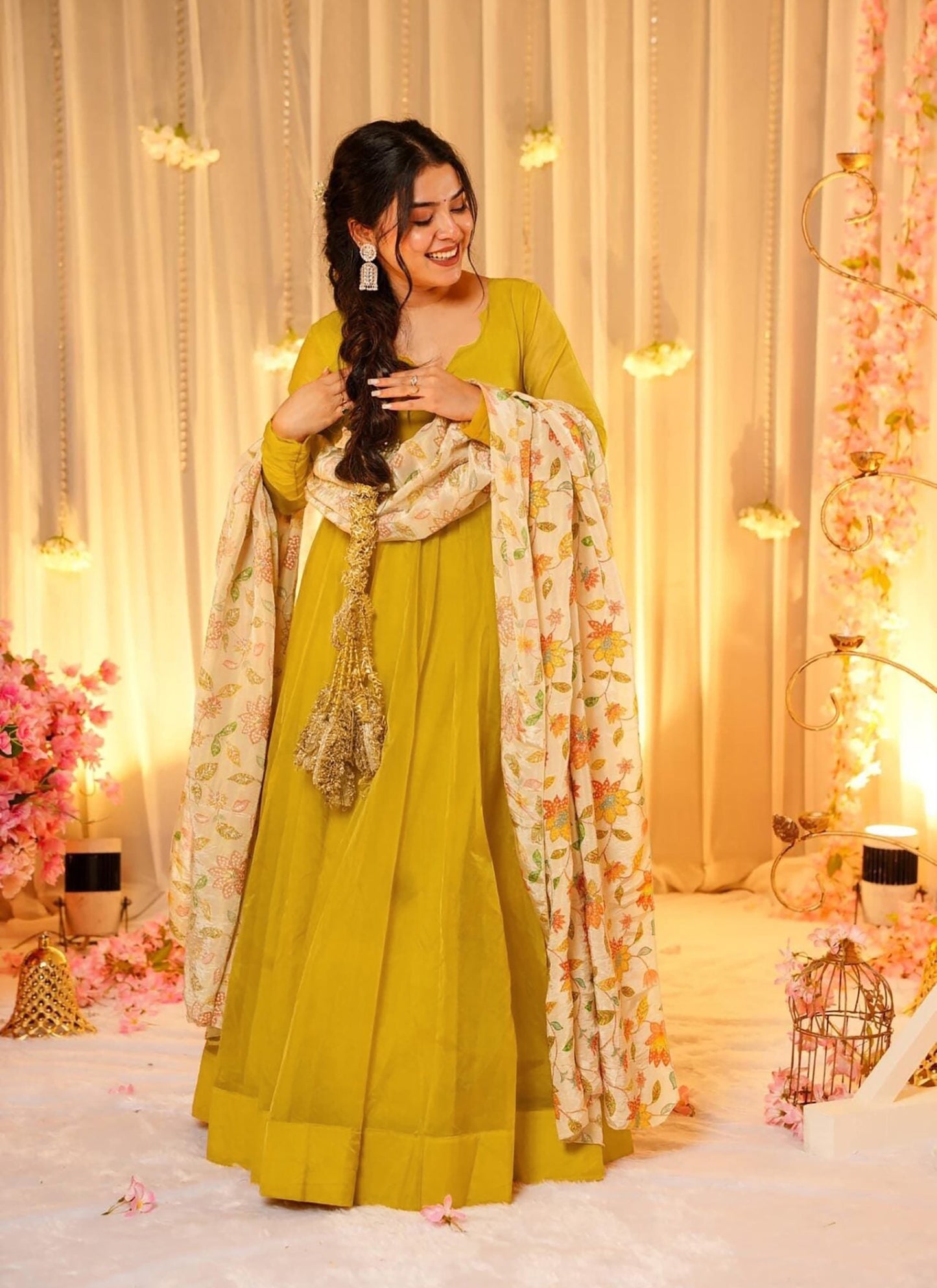 yello stunning Beautiful  Ethnic wear  flared gown set with contrast matching dupatta collection