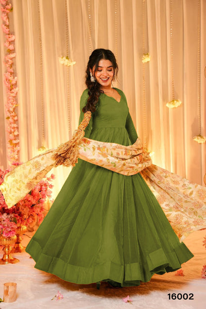 Green colour  Beautiful Ethnic wear flared gown set with contrast matching dupatta collection