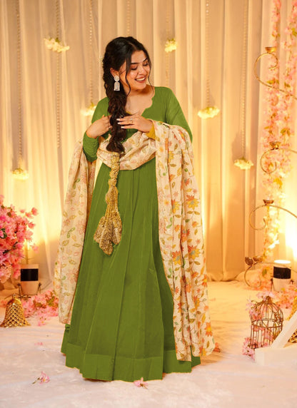 Green colour  Beautiful Ethnic wear flared gown set with contrast matching dupatta collection