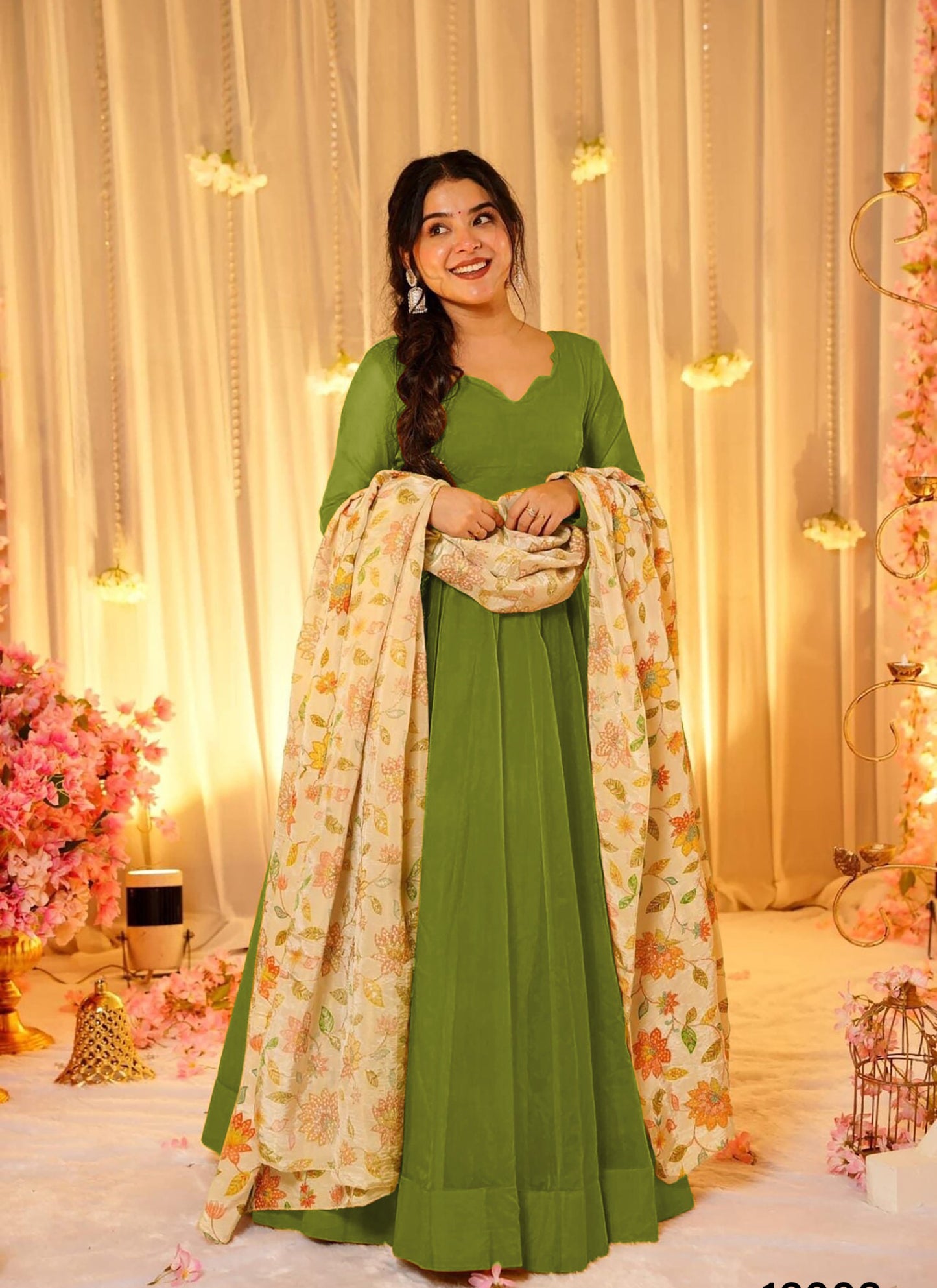Green colour  Beautiful Ethnic wear flared gown set with contrast matching dupatta collection