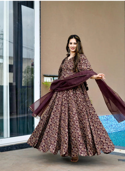 Heavy Rayon wine colour  Beautiful digital printed Ethnic wear gown set gown