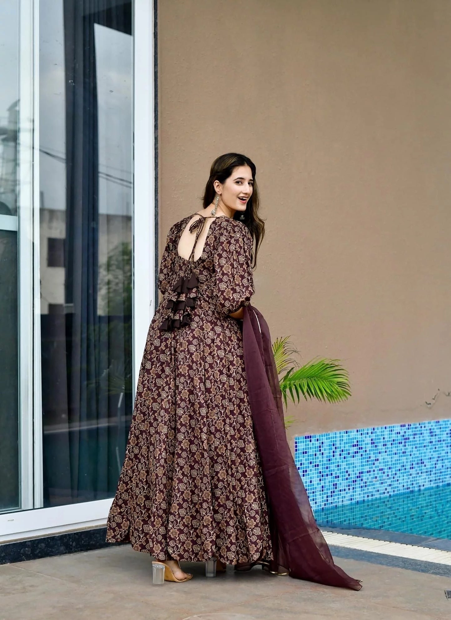 Heavy Rayon wine colour  Beautiful digital printed Ethnic wear gown set gown