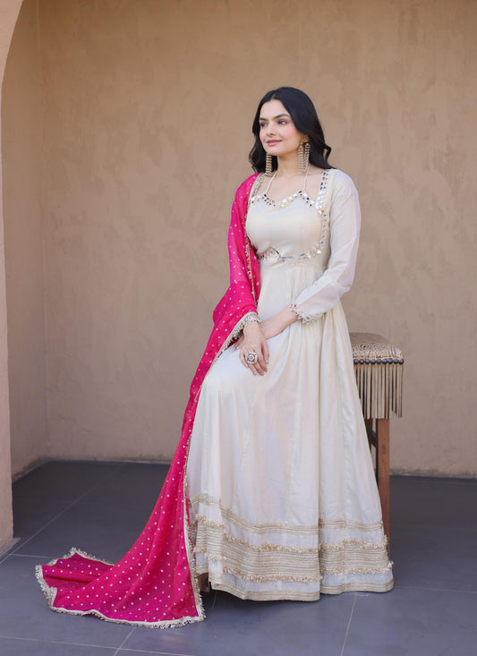 Off White Cosmos Silk Mirror-Work Festive-Wear Readymad Gown With Pink Dupatta