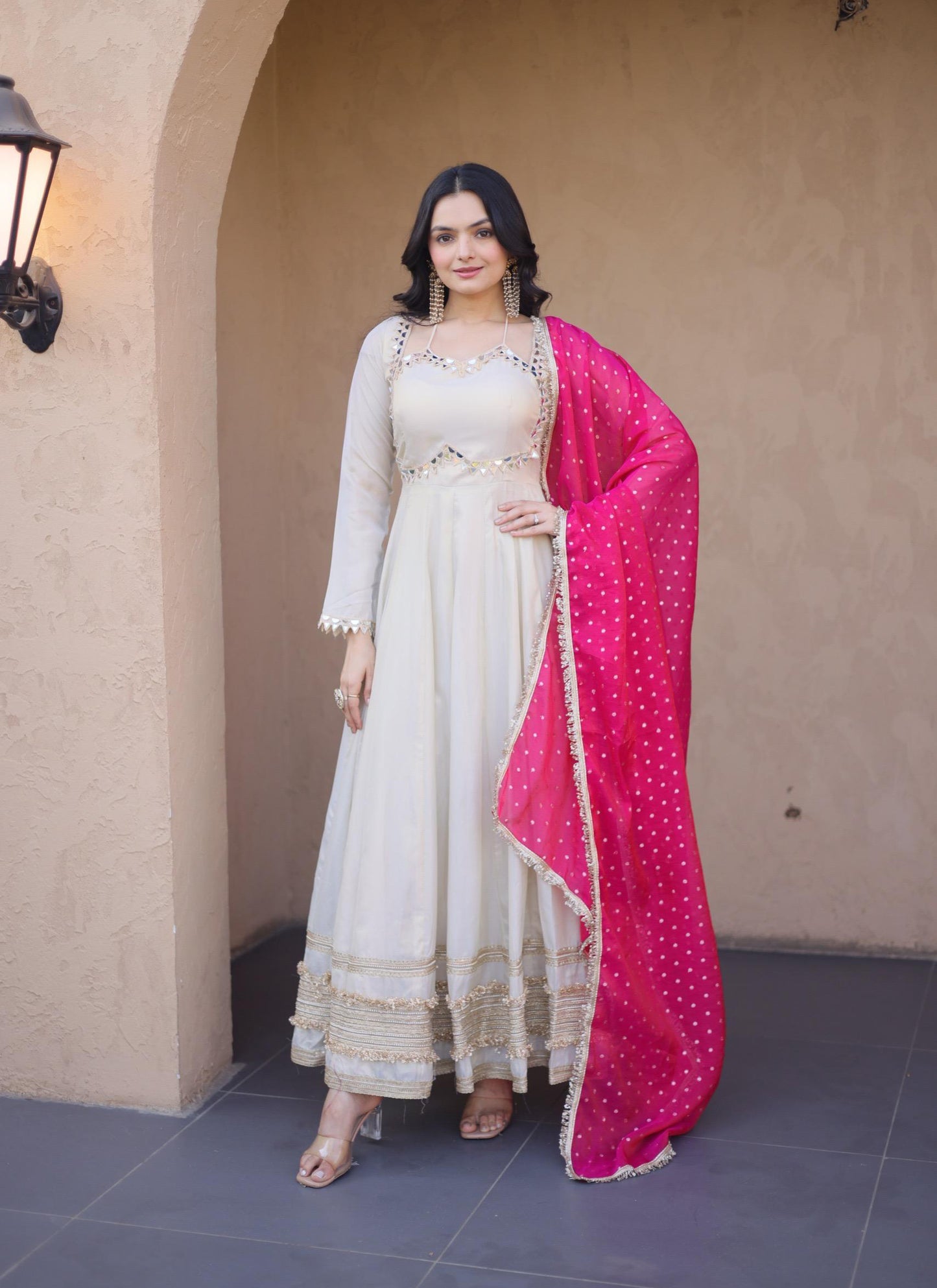 Off White Cosmos Silk Mirror-Work Festive-Wear Readymad Gown With Pink Dupatta