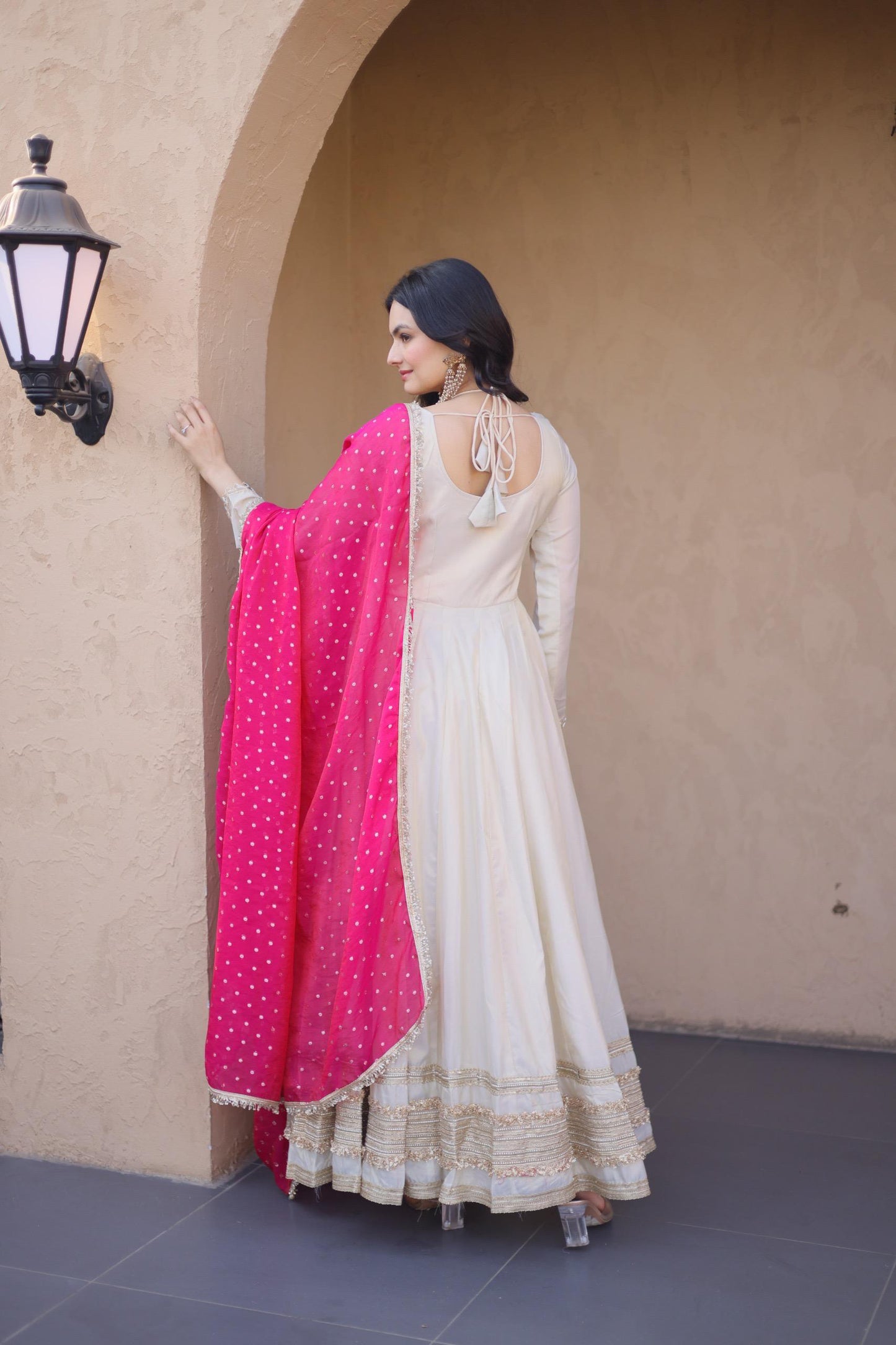 Off White Cosmos Silk Mirror-Work Festive-Wear Readymad Gown With Pink Dupatta