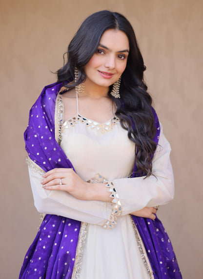 Off White Cosmos Silk Mirror-Work Festive-Wear Readymad Gown With Violet Dupatta