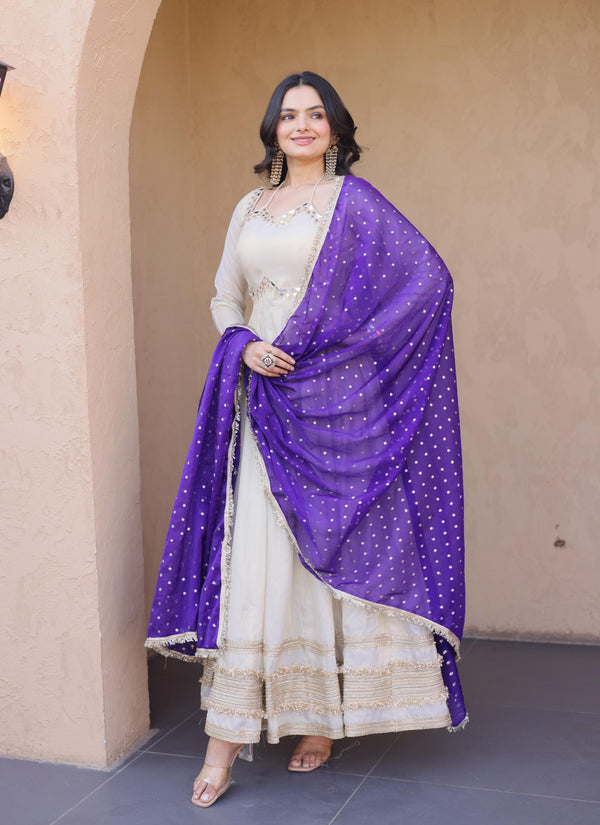 Off White Cosmos Silk Mirror-Work Festive-Wear Readymad Gown With Violet Dupatta