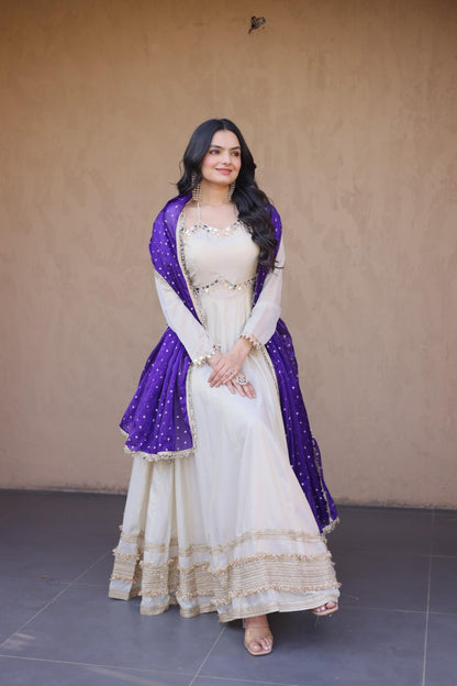 Off White Cosmos Silk Mirror-Work Festive-Wear Readymad Gown With Violet Dupatta
