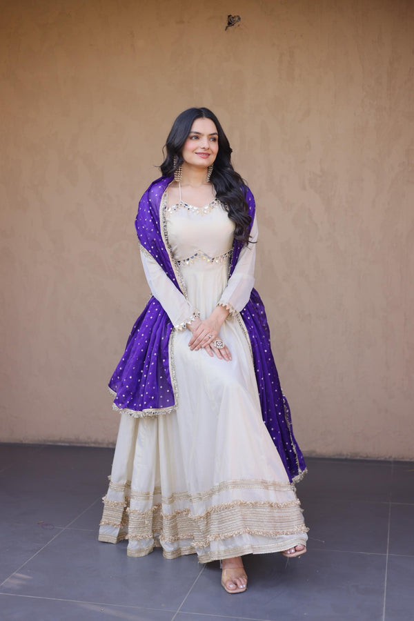 Off White Cosmos Silk Mirror-Work Festive-Wear Readymad Gown With Violet Dupatta