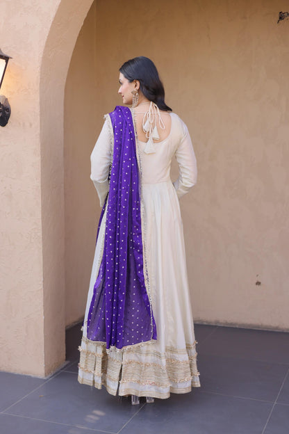 Off White Cosmos Silk Mirror-Work Festive-Wear Readymad Gown With Violet Dupatta