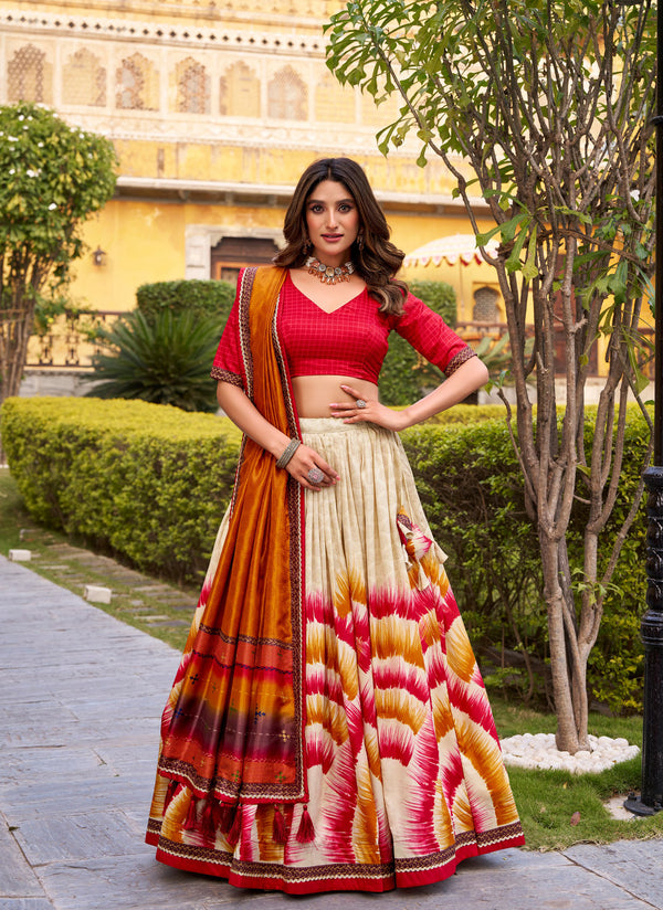 Red colour Tasar Silk masterpiece dipped in artistic tie-dye prints,