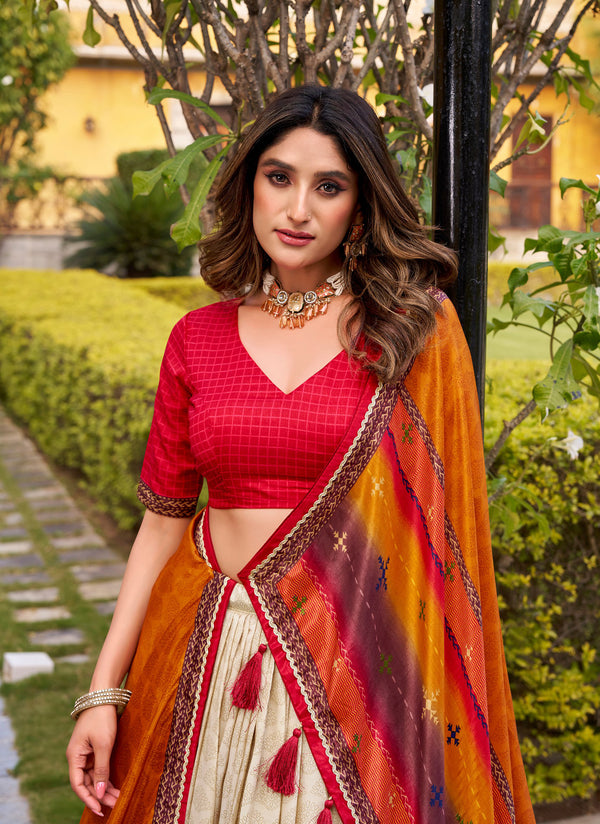 Red colour Tasar Silk masterpiece dipped in artistic tie-dye prints,