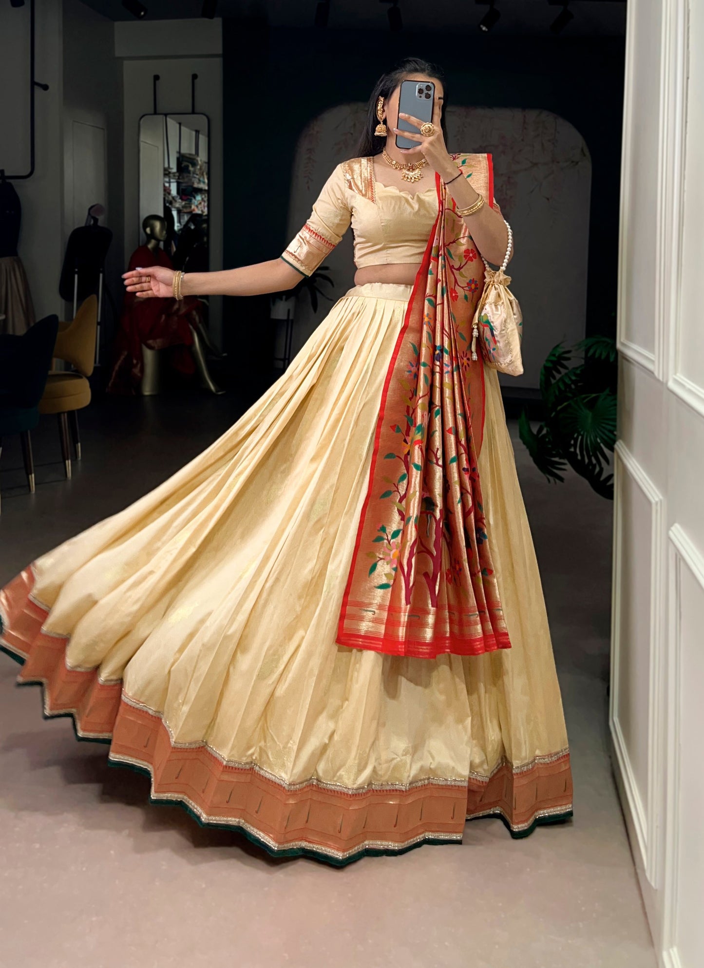 Paithani Silk Lehenga choli is Where Traditional zari weaving meets graceful lace borders—crafted for moments that deserve royalty