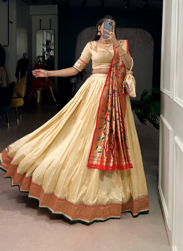 Paithani Silk Lehenga choli is Where Traditional zari weaving meets graceful lace borders—crafted for moments that deserve royalty
