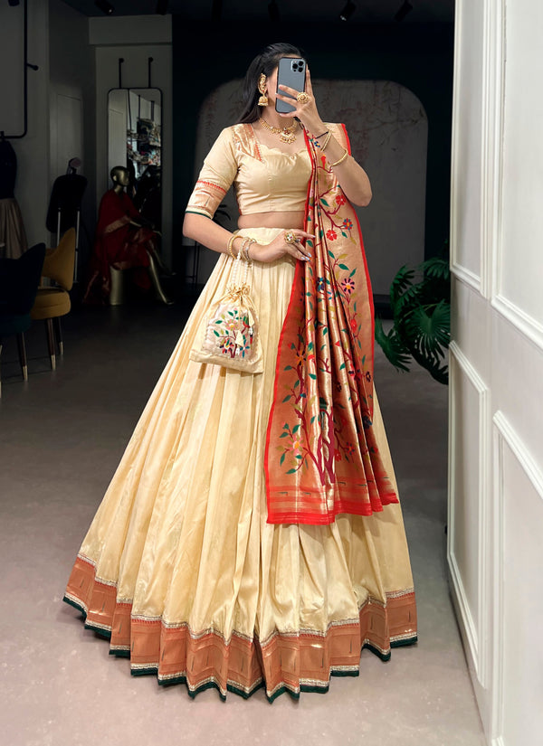 Paithani Silk Lehenga choli is Where Traditional zari weaving meets graceful lace borders—crafted for moments that deserve royalty