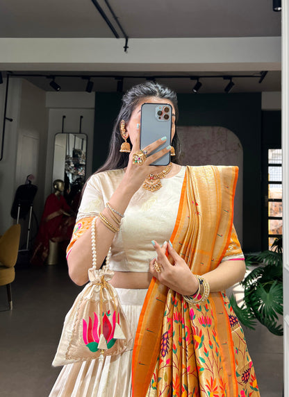 Paithani Silk Lehenga choli is Where Traditional zari weaving meets graceful lace borders—crafted for moments that deserve royalty