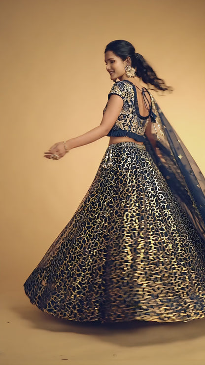 Navy Blue Thread Embroidered Net Wedding Wear Lehenga Choli