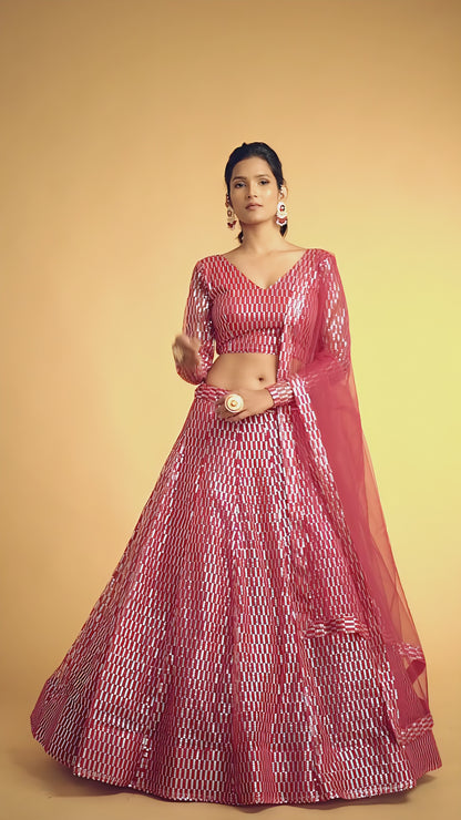 Hot Pink Thread Embroidered Net Party Wear Lehenga Choli