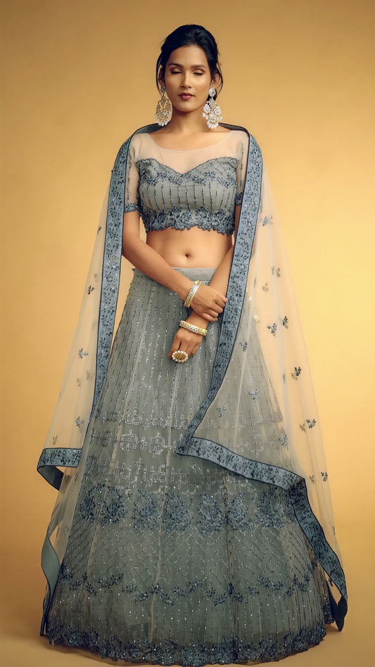 Unique Grey Dori Thread Embroidered Net Wedding Lehenga Choli