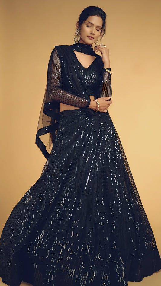 Stunning Black Thread Embroidered Net Party Wear Lehenga Choli