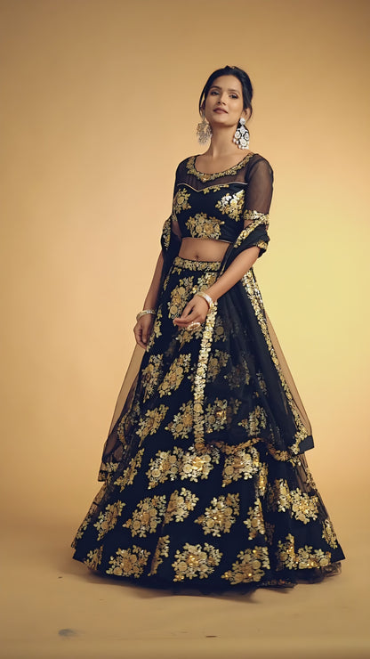 Awesome Black Zari Embroidery Net Party Wear Lehenga Choli