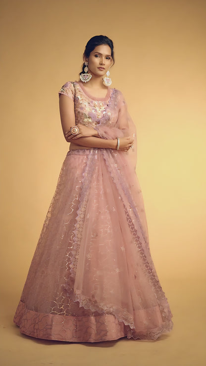 Blush Pink Dori Thread Embroidered Net Wedding Lehenga Choli