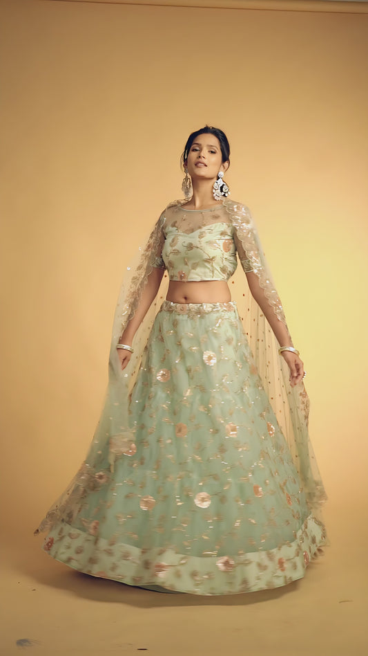 Pista Green Dori Thread Embroidered Net Wedding Lehenga Choli