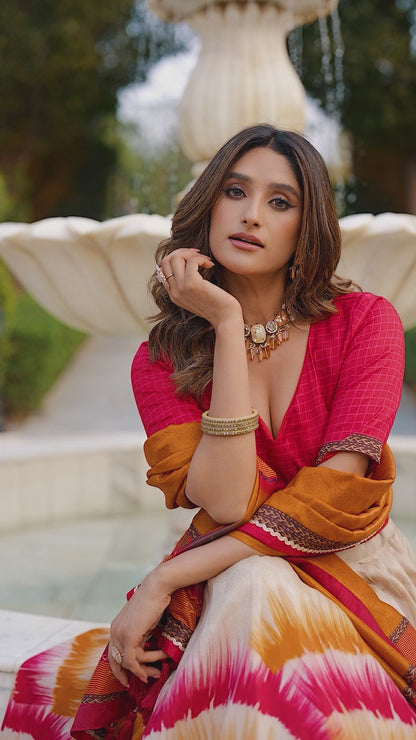 Red colour Tasar Silk masterpiece dipped in artistic tie-dye prints,