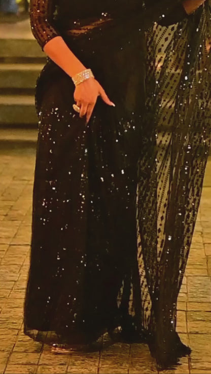 Black Net Sequin Party Wear Saree