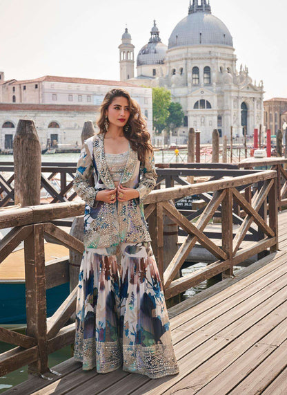 Designer Partywear cord set Digital Print With Emb siquance work & mirror work