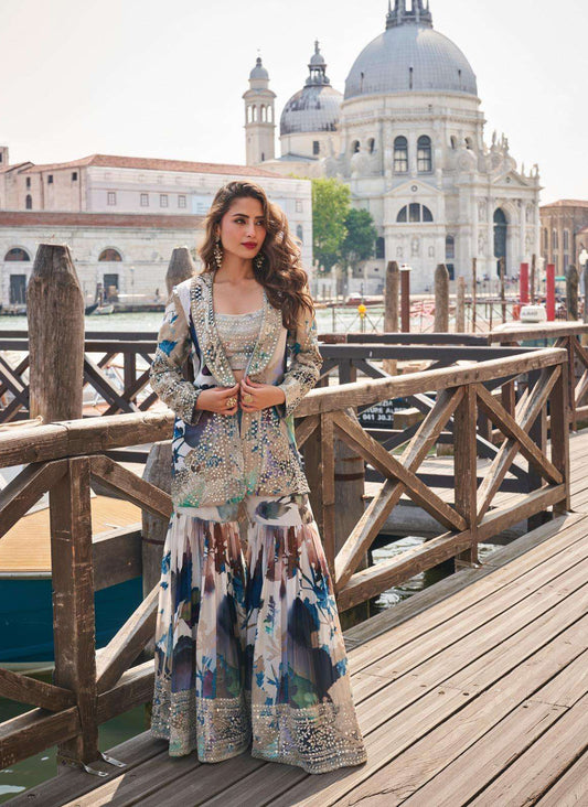 Designer Partywear cord set Digital Print With Emb siquance work & mirror work