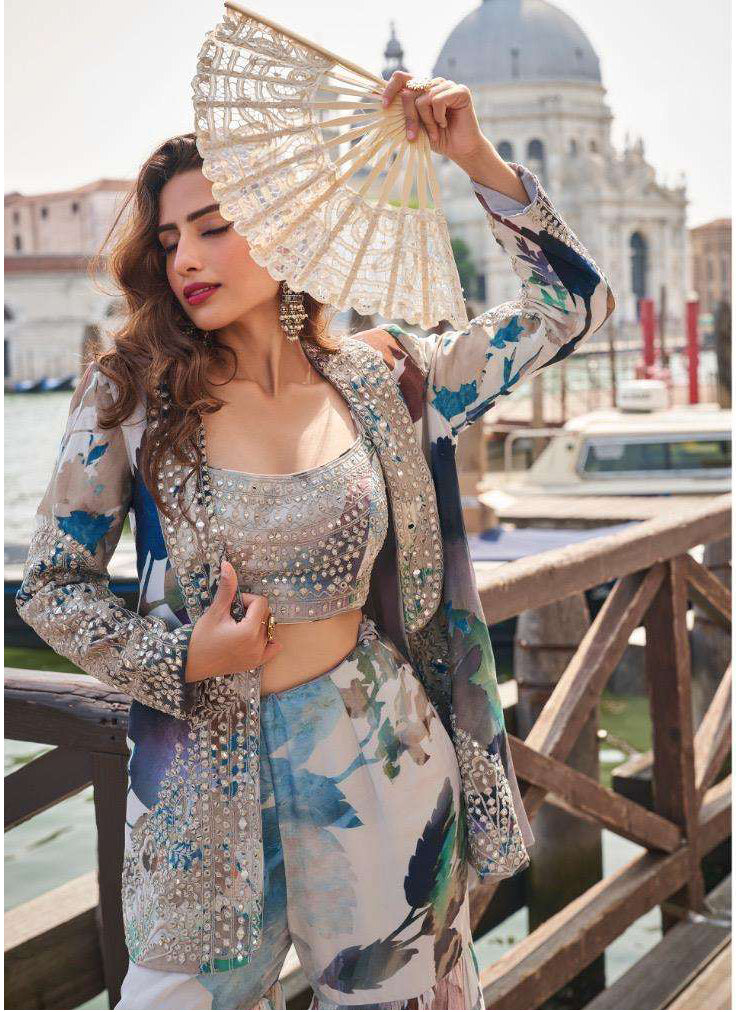 Designer Partywear cord set Digital Print With Emb siquance work & mirror work