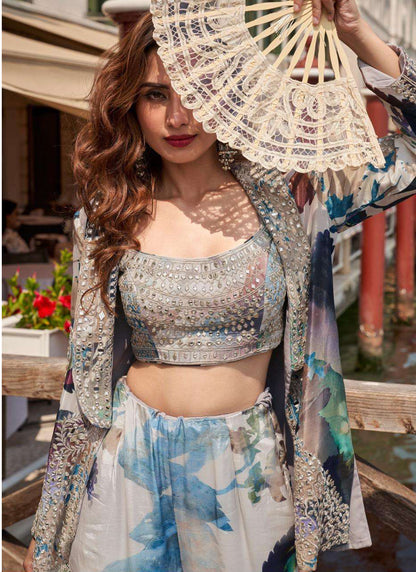 Designer Partywear cord set Digital Print With Emb siquance work & mirror work